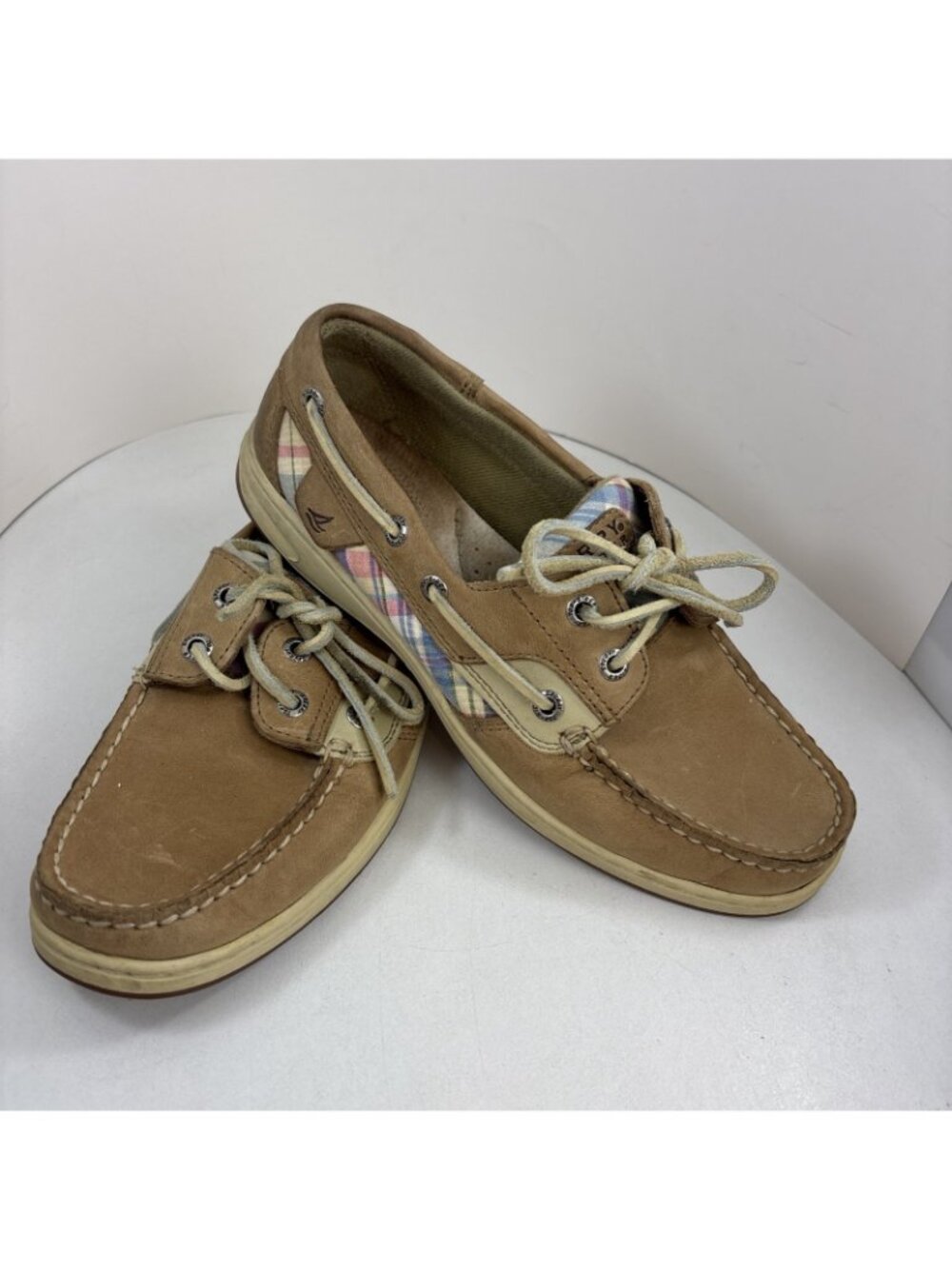 Sperry Top-sider Beige Leather Pastel Plaid Boat Shoes Size 7 - Picture 2 of 11